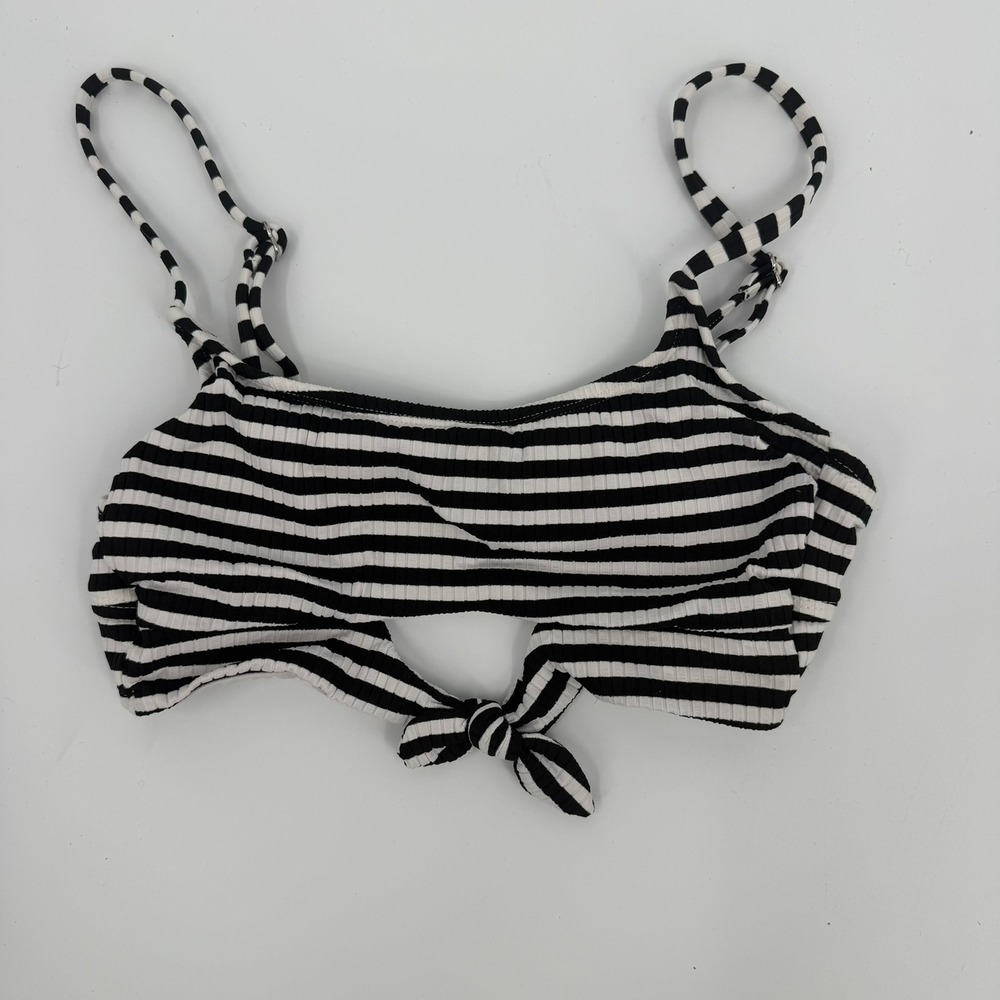 Xhilaration Bikini Top Striped Ribbed Front Tie Modern Womens Size Medium Black
